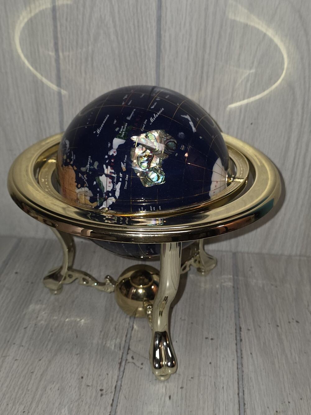 Unique Gem Semi Precious Gemstone World Map Globe Gold Tone Tripod Tabletop